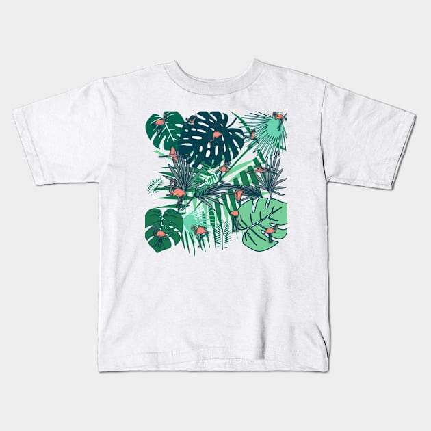 Flamingos and tropical leaves Kids T-Shirt by bruxamagica